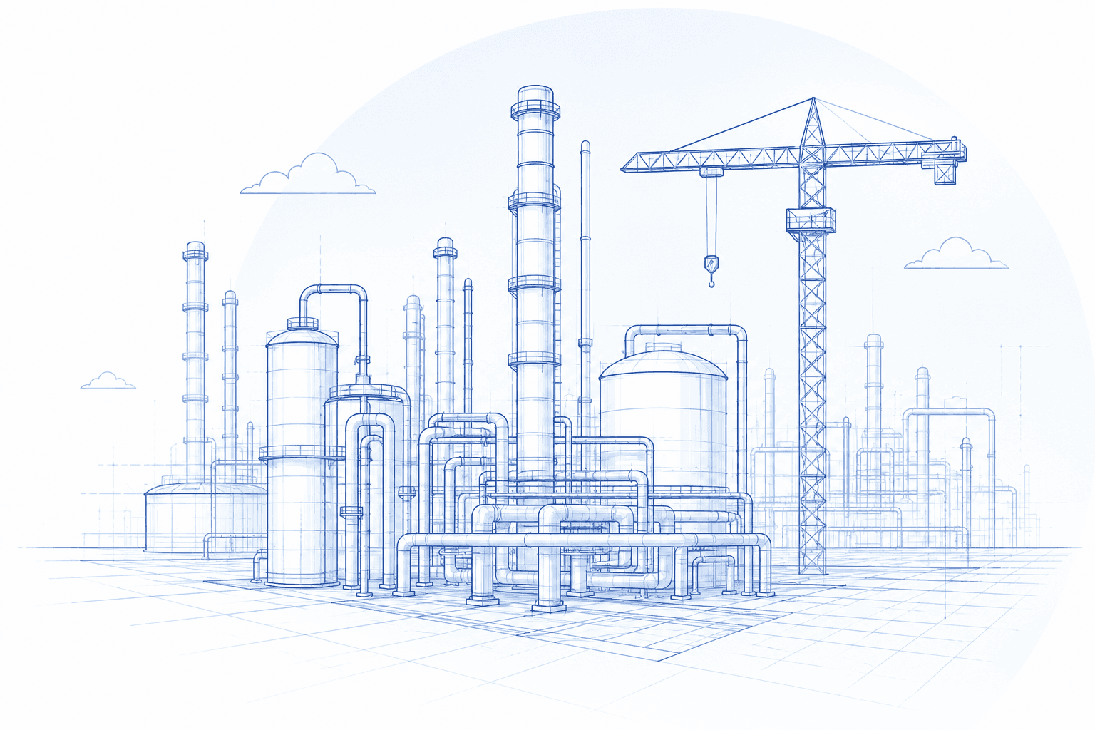 Line-art illustration of an engineering plant with towers, pipes, and a crane